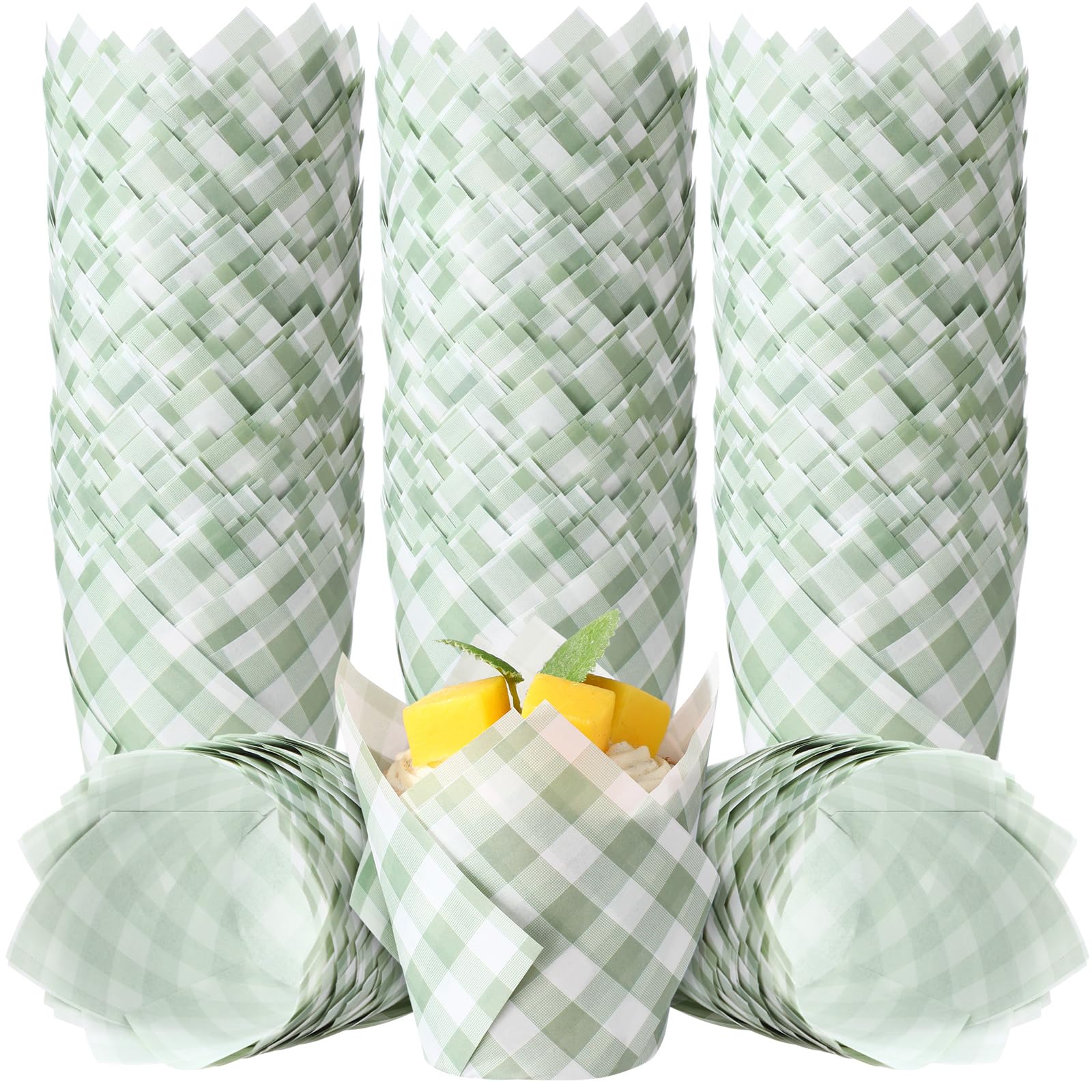 Photo 1 of Maxdot 200 Pcs Sage Green Gingham Plaid Tulip Cupcake Liners for Baking Paper Muffin Baking Cups Checkered Tulip Muffin liners Wrappers for Bridal Baby Shower Wedding Birthday Party Decor