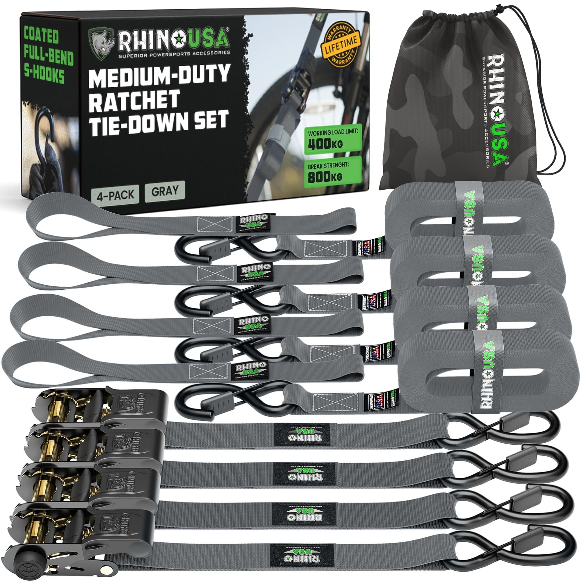 Rhino USA Ratchet Straps Tie Downs (4-Pack) - 2.5cm x 4.6m (800kg Break Strength) - Ultimate Tie Down Straps with Safety S Hooks - Premium Straps for Trucks, Cargo, Moving, Appliances - Grey