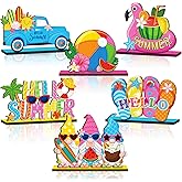Cinnvoice 6 Pcs Summer Wooden Table Decorations for Farmhouse Decor | Gnome, Truck, Slippers, Watermelon and Flamingos Designs, Rustic Centerpieces for Home, Office, Shelves and Tiered Trays
