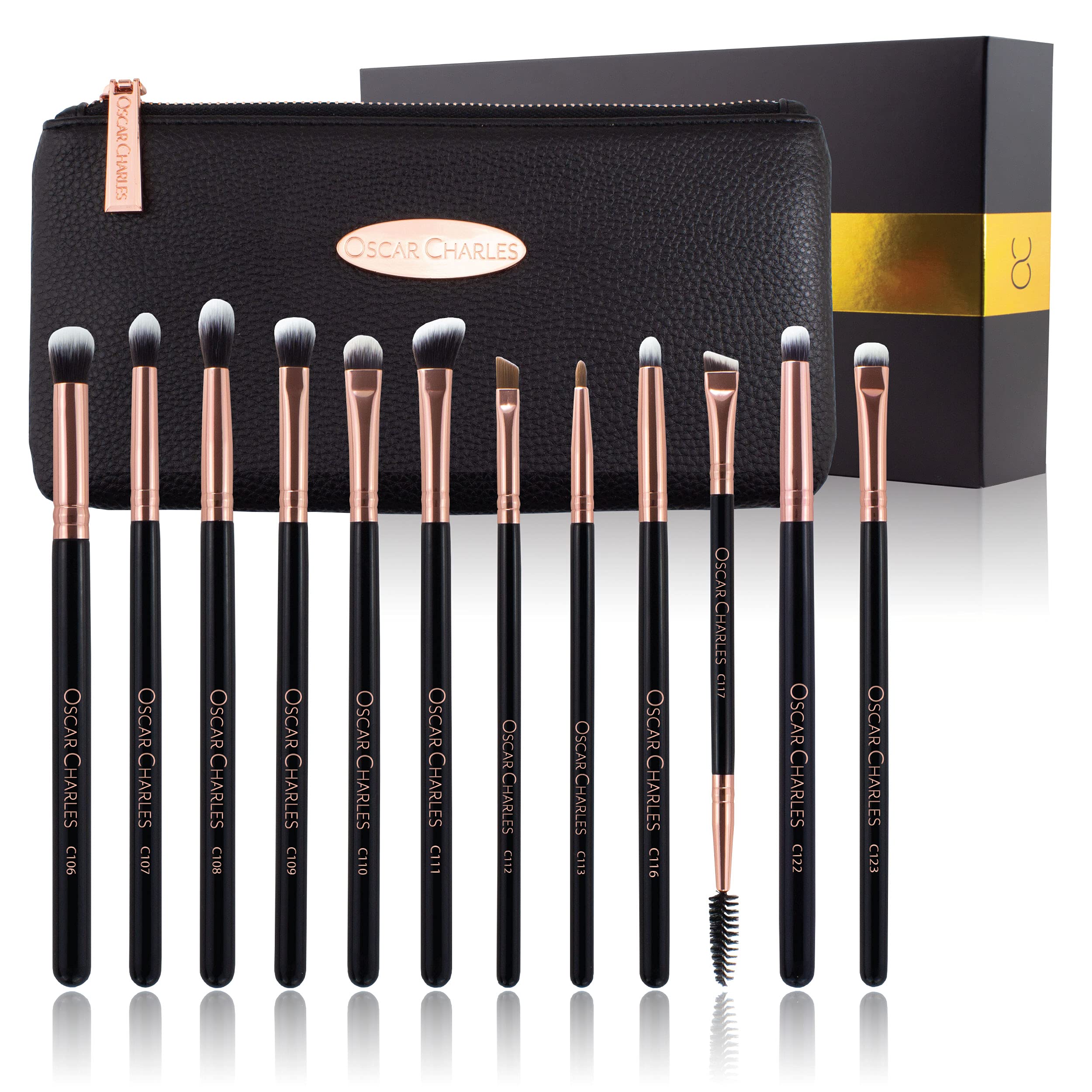 Oscar Charles Eye Makeup Brushes Set, 12 Make up Brushes Professional Including Luxury Cosmetic Bag - Rose Gold