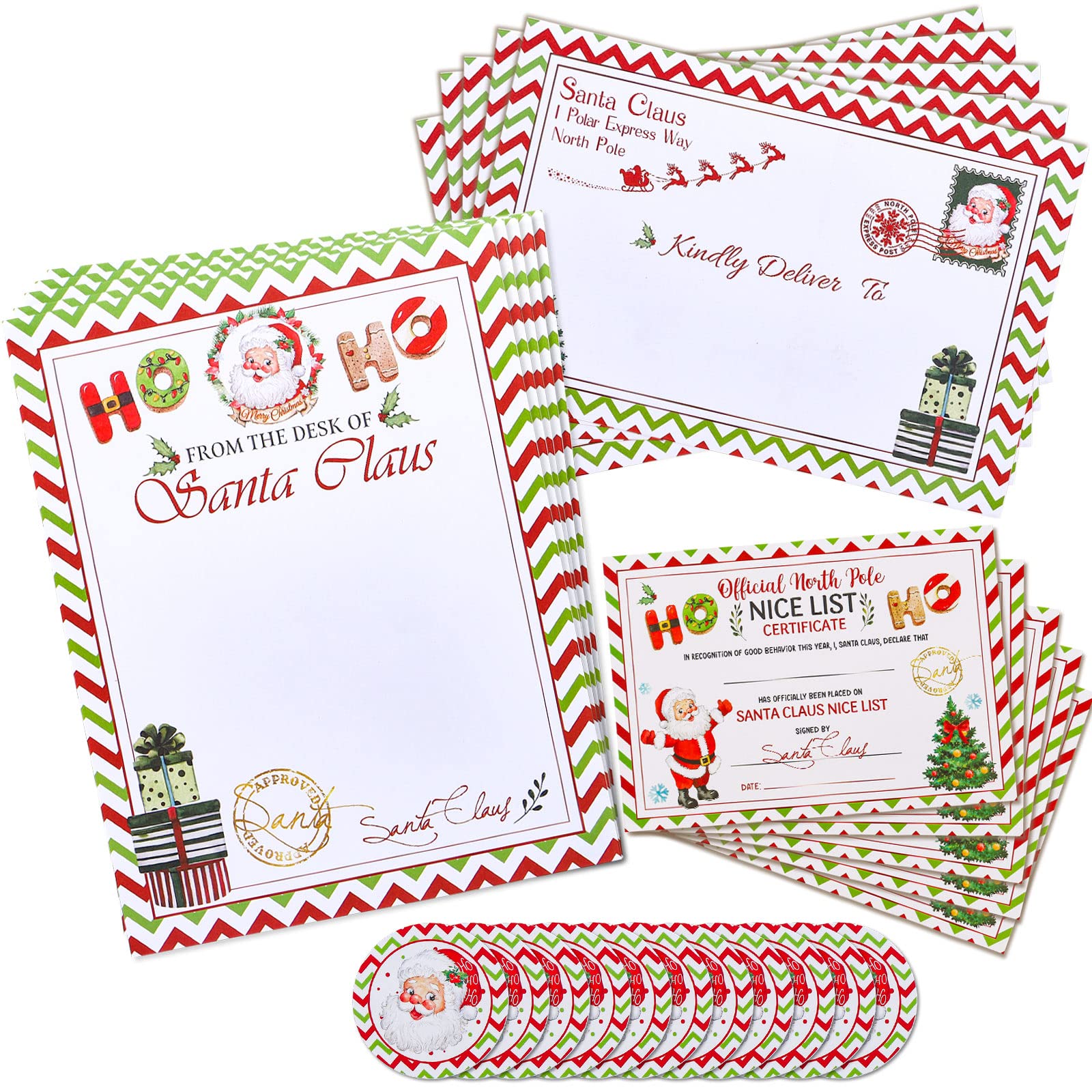 AnyDesign Christmas Official Letters and Certificate from Santa Claus Set Include 5Pcs Watercolor Writing Letter, 5Pcs Nice List Certificate, 5 Envelopes and 10 Stickers for Family Xmas Party Favors
