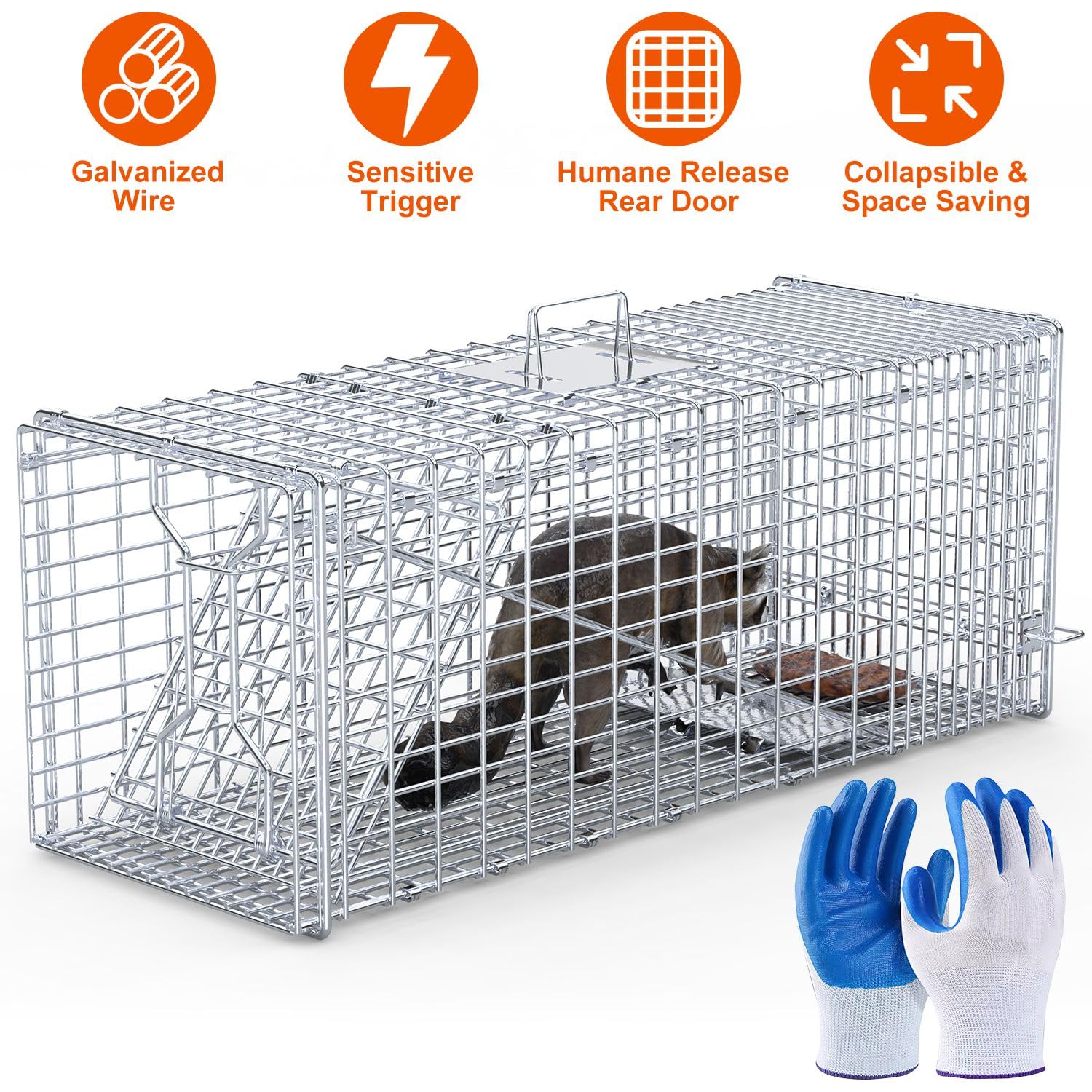 Condition photo showing New/Like New for live animal trap large humane cat trap cage with pair of gloves heavy duty folding catch and release