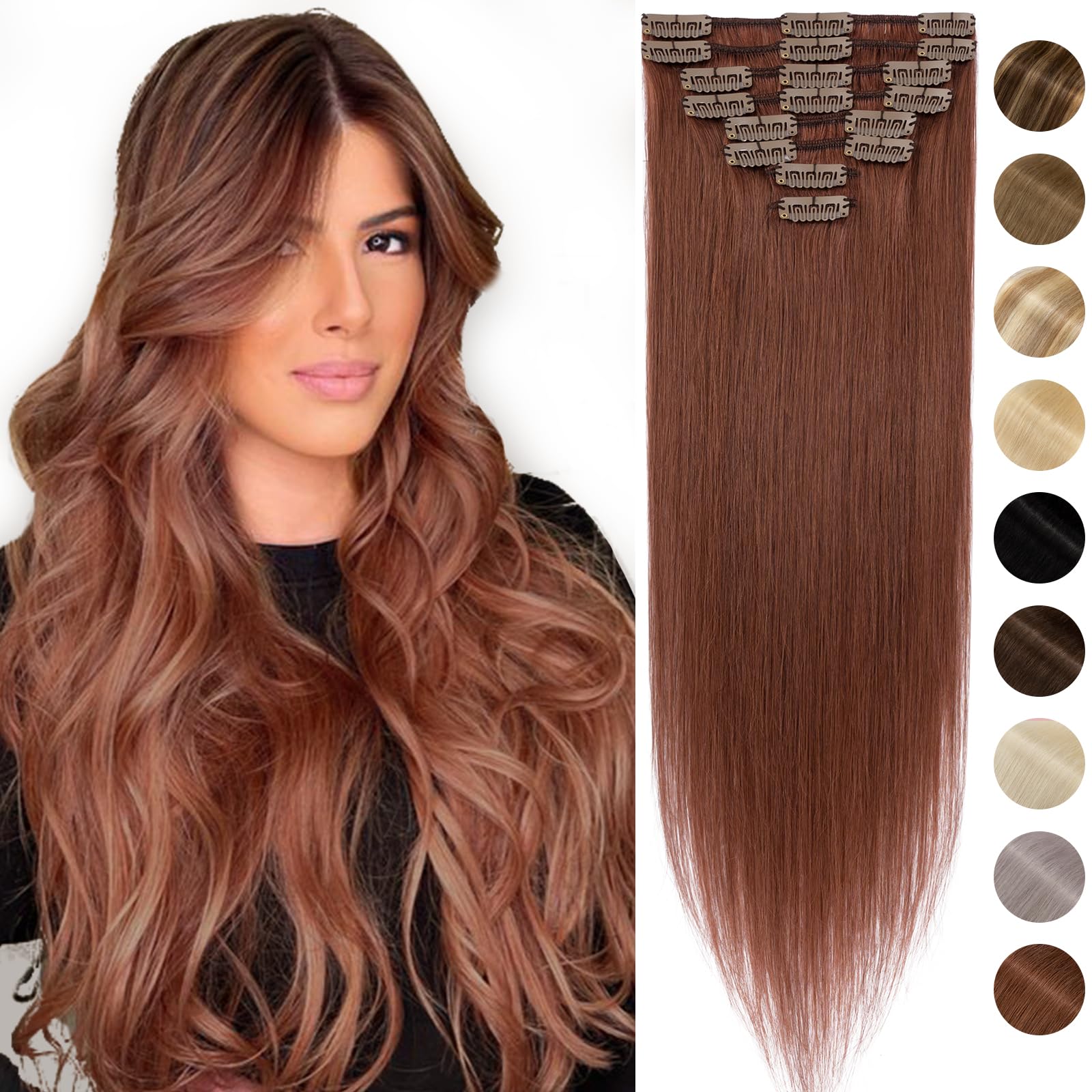 Silk-co 8 PCS Hair Extensions Clip in Hair Extension #33 Dark Auburn Real Remy Straight Hair Extensions 16inch-65g Basic Thickness-Thin Weft — image 1