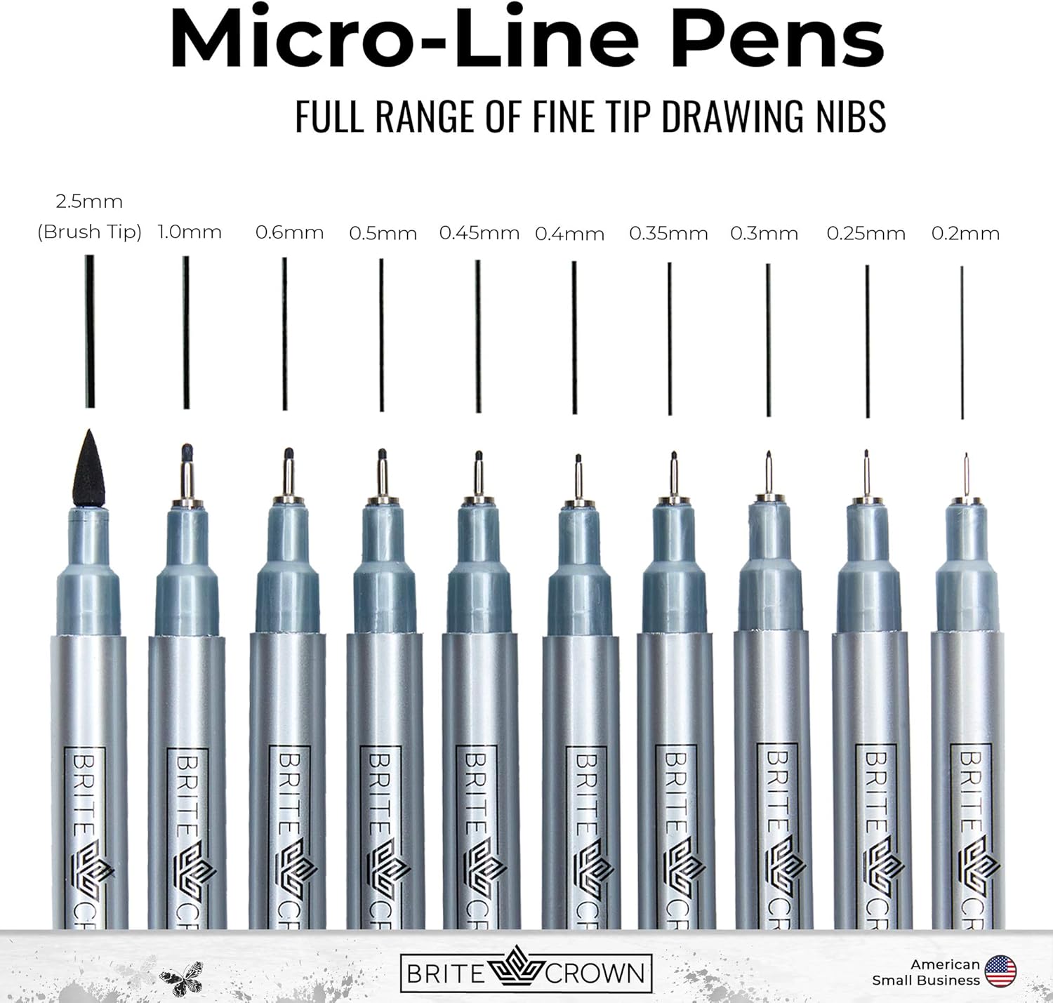 Premium Drawing Pens - Set of 10 Various Size Tip Fineliner Pens 0.2mm to 1.0mm Width Tips, Plus 2.5mm Calligraphy Brush-Tip Pen : Office Products