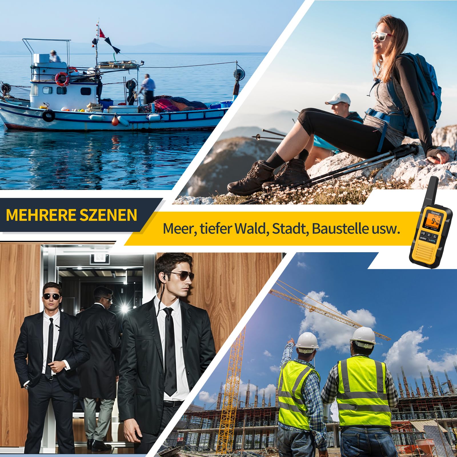 Gaswei G2Pro Professionelle Walkie-Talkies für Erwachsene [IP67 wasserdicht & schwimmfähig] Langstrecken-Funkgerät mit Doppel-PTT, VOX,SOS-Alarm,FM-Radio + Akku für Outdoor, (2er-Set in Gelb) 9