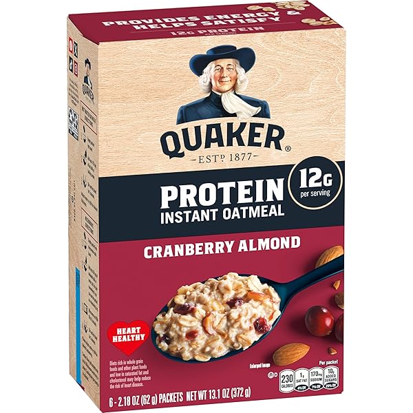 QUAKER PROTEIN INSTANT OATMEAL, CRANBERRY ALMOND, 12G PROTEIN PER SERVING, WHOLE GRAINS, NO ARTIFICIAL FLAVORS, NO ADDED COLORS, 2.18 OZ PACKETS, (6 PACK)