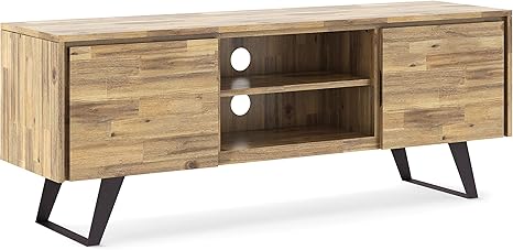 Amazon Com Simplihome Lowry Solid Wood Universal Low Tv Media Stand 63 Inch Wide Modern Industrial Storage Shelves And Cabinets For Flat Screen Tvs Up To 70 Inches Distressed Golden Wheat Furniture