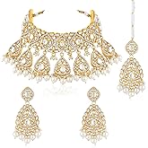 Aheli Kundan & Beads Studded Necklace Dangle Earrings Maangtikka Ethnic Bharatanatyam jewellery set for Women