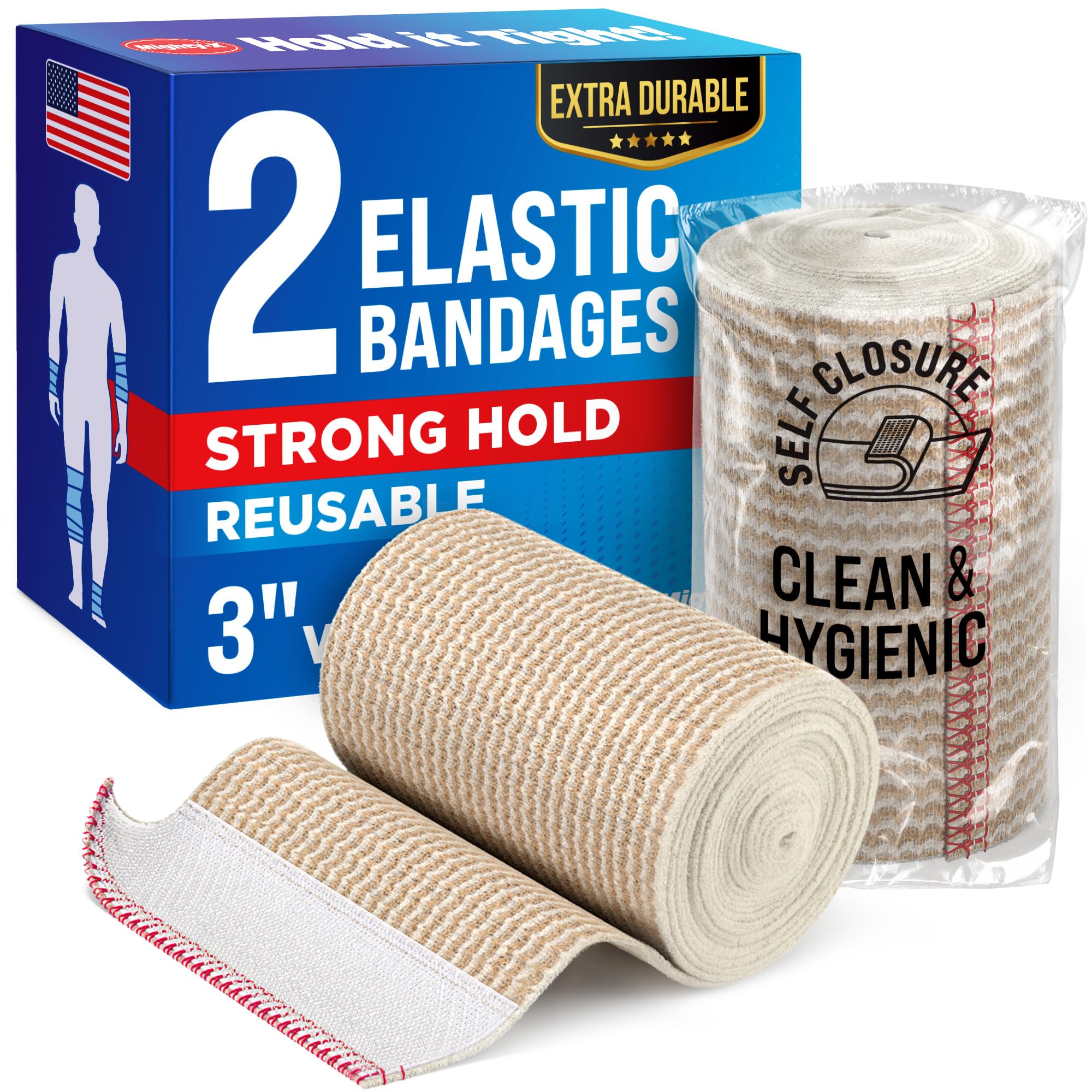Photo 1 of Premium Elastic Bandage Wrap - 3” (2pk) - Strong Compression - Self-Closing Reusable Bandages for Legs and Arms - Wrist, Elbow, Foot, Knee Wrap