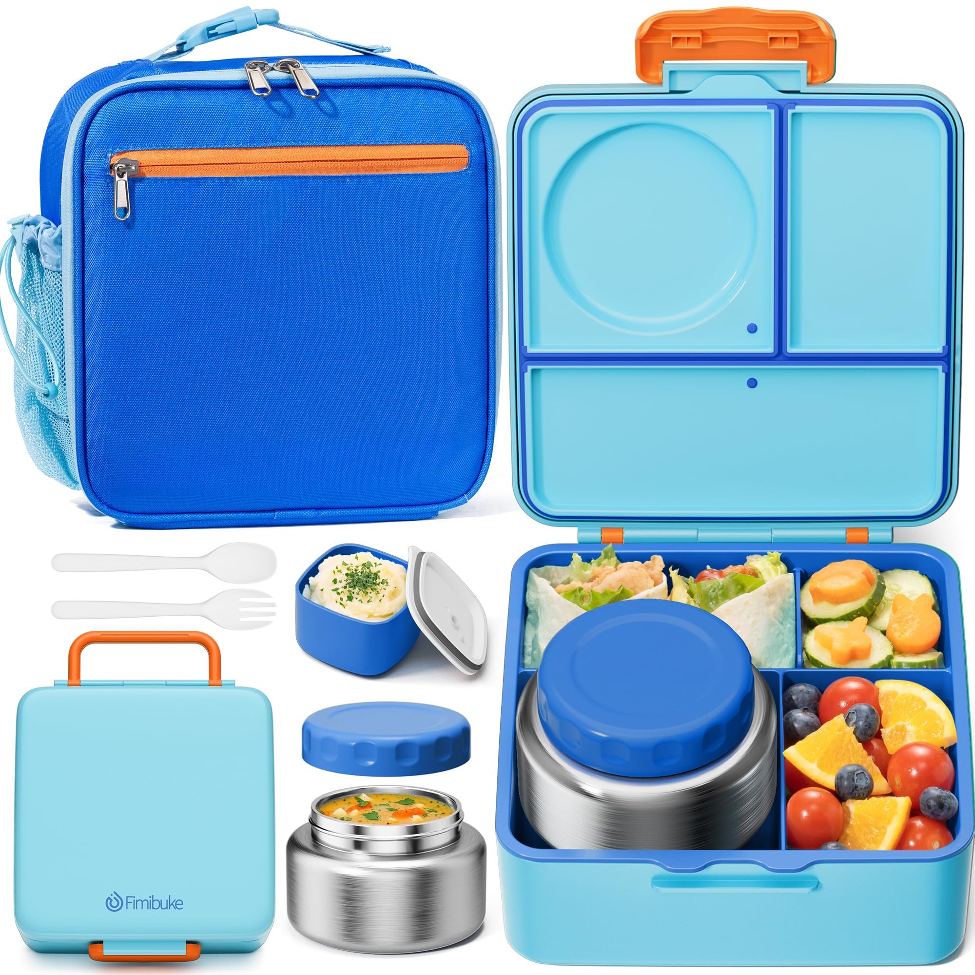 Photo 1 of Fimibuke Kids Bento Lunch Box with Thermos, Leakproof Toddler Bento Box with 8.5 OZ Insulated Food Jar, Lunch Bag & Utensils BPA Free Dishwasher Safe 3 or 4 Compartment Container for School Girls Boys