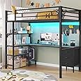 ADORNEVE Loft Bed Twin Size with L-Shaped Desk, LED Lights,Charging Station,Twin Metal Loft Bed with Desk, Fabric Drawers & Shelves, 13.4" H Safety Guard, No Box Spring Needed, Grey