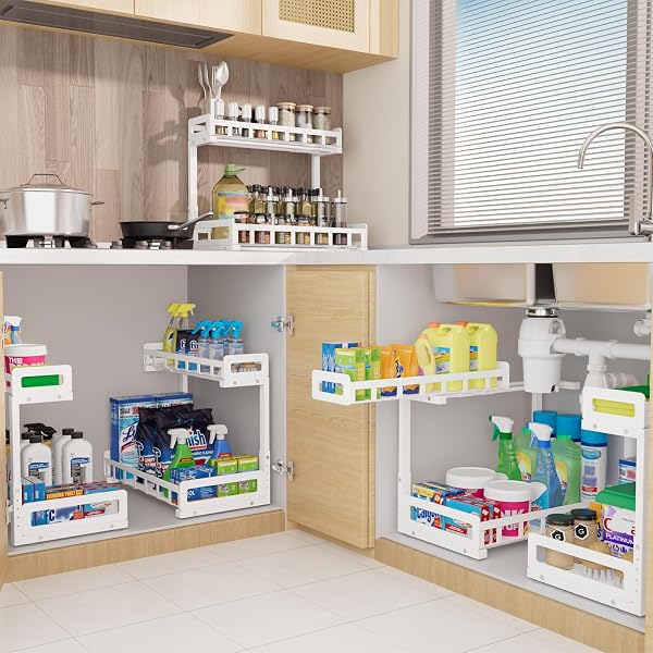 UNDER SINK ORGANIZER 2 PACK, METAL LARGE CAPACITY 2-TIER SLIDING CABINET STORAGE RACK, HEAVY-DUTY RUST-RESISTANT STEEL FRAME, HOLDS 50 LBS EACH, ADJUSTABLE HEIGHT 12–16″, 14″D X 11″W FOR HOME, WHITE