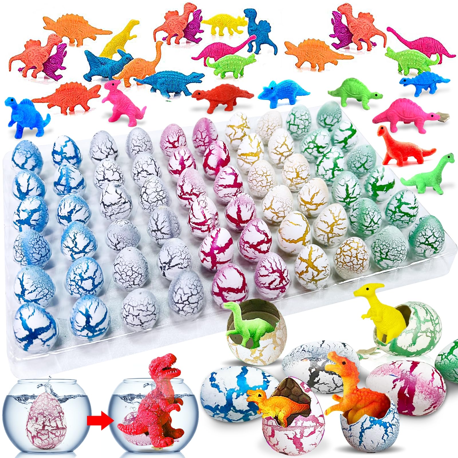 60 Pcs Hatching Dinosaur Eggs for Kids Party Favors, Easter Egg Filled with Toys Novelty Grow in Water Dino Eggs with Toys Inside Easter Basket Stuffers Birthday Gifts, Classroom Prize, Pinata Fillers