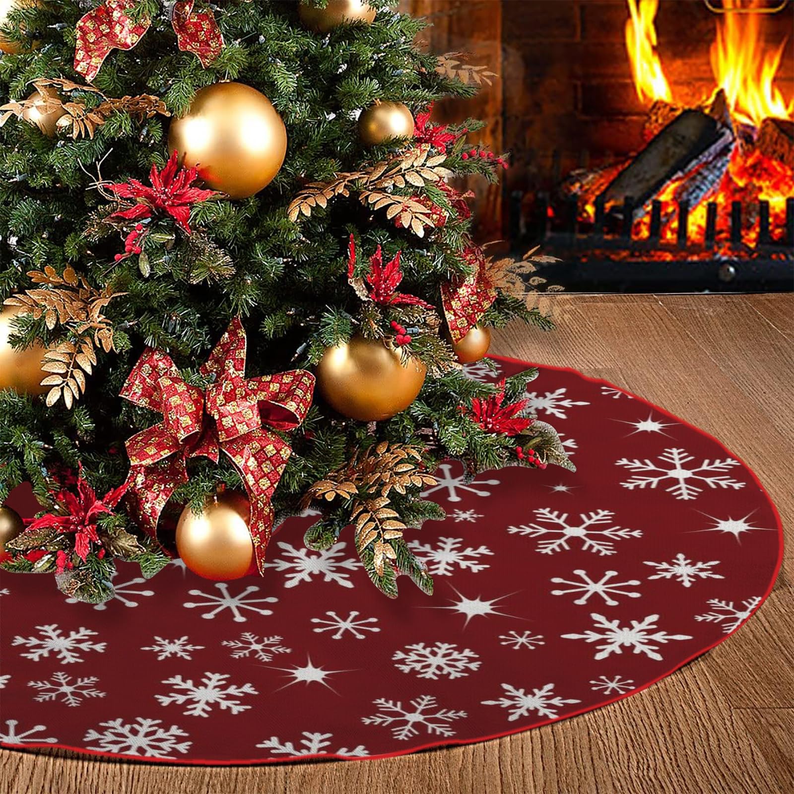 Snowflakes Christmas Tree Skirt, Red Tree Skirt Xmas Thick Skirt for Holiday Party Christmas Tree Decorations Indoor Outdoor 36 Inches(90cm)