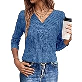 Flamingals Casual Long Sleeve V-Neck Solid Rib Knit Pullover T-Shirt for Women