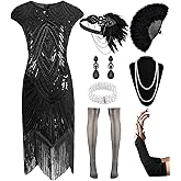 Women's Flapper Dresses 1920s Sequin Fringe Beaded Cocktail Crew Neck Dress Roaring 20s Accessories Vintage Lace Fan Headband