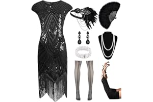 VILLBECOSER Women's Flapper Dresses 1920s Sequin Fringe Beaded Cocktail Crew Neck Dress Roaring 20s Accessories Vintage Lace Fan Headband