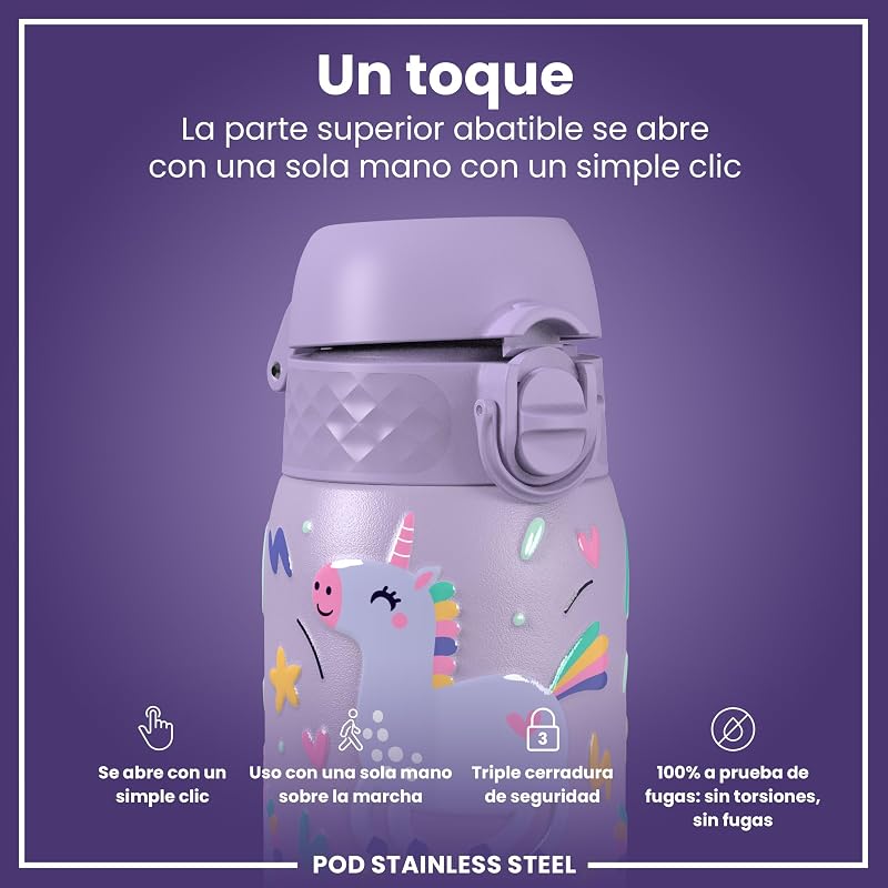 Garrafa de água leve em aço inoxidável para crianças, 400ml, não isolada, à prova de fugas, fácil de abrir, tranca segura, segura na máquina de lavar loiça, tampa de rebatente, fácil de limpar, unicórnios, roxo