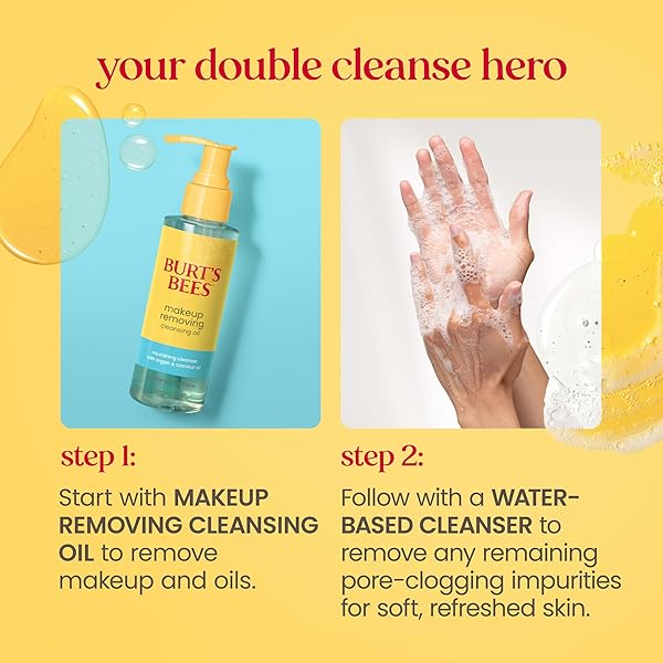 BURT’S BEES MAKEUP REMOVING CLEANSING OIL; NORMAL AND DRY SKIN; SAFE FOR SENSITIVE SKIN; COCONUT AND ARGAN OILS; DOES NOT CLOG PORES; HYDRATES, NOURISHES; NON GREASY; CONVENIENT PUMP;(1) 5 FL. OZ.