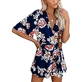 Bonkwa Women's Summer Rompers Floral Print Deep V-Neck Elastic Waist Romper Flared Half Sleeves Short Jumpsuit with Waist Tie