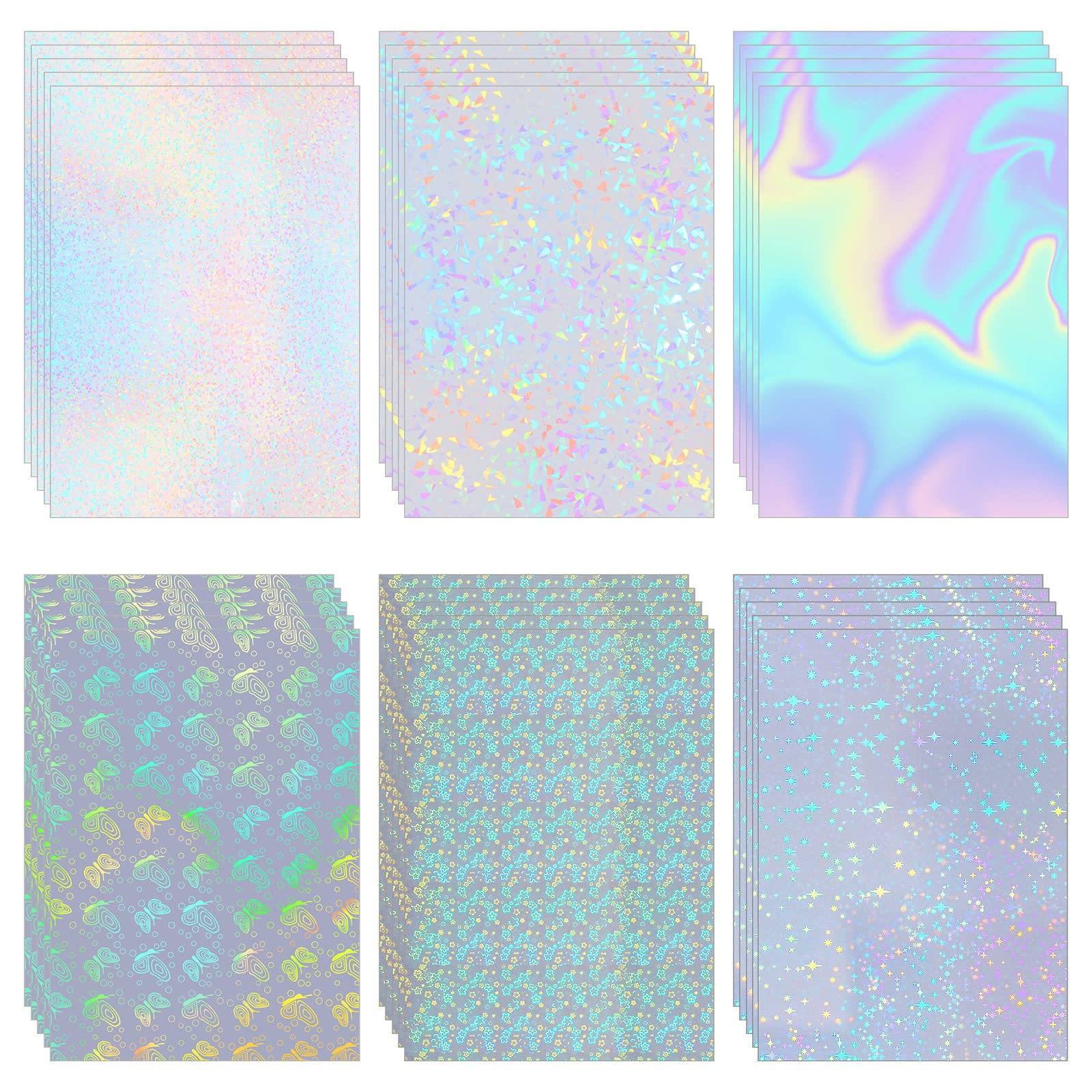 Photo 1 of 30 Pcs 6 Styles Holographic Laminate Sheets Transparent Holographic Overlay Paper Vinyl Overlay Clear Adhesive Laminated Film Glossy Craft Sheet for Stickers, A4 Size, 8.3 x 11.7 Inches