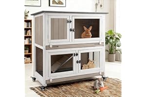 MAYUGARDENING 2 Story Rabbit Hutch Indoor & Outdoor, Wooden Rabbit Cage with 2 Leak-Proof Pull-Out Trays, 4 Wheels, Ramp, Chew-Anti Metal Strip for Rabbit, Guinea Pig, Hamster (36" L x 17.8" W x 36.7" H)