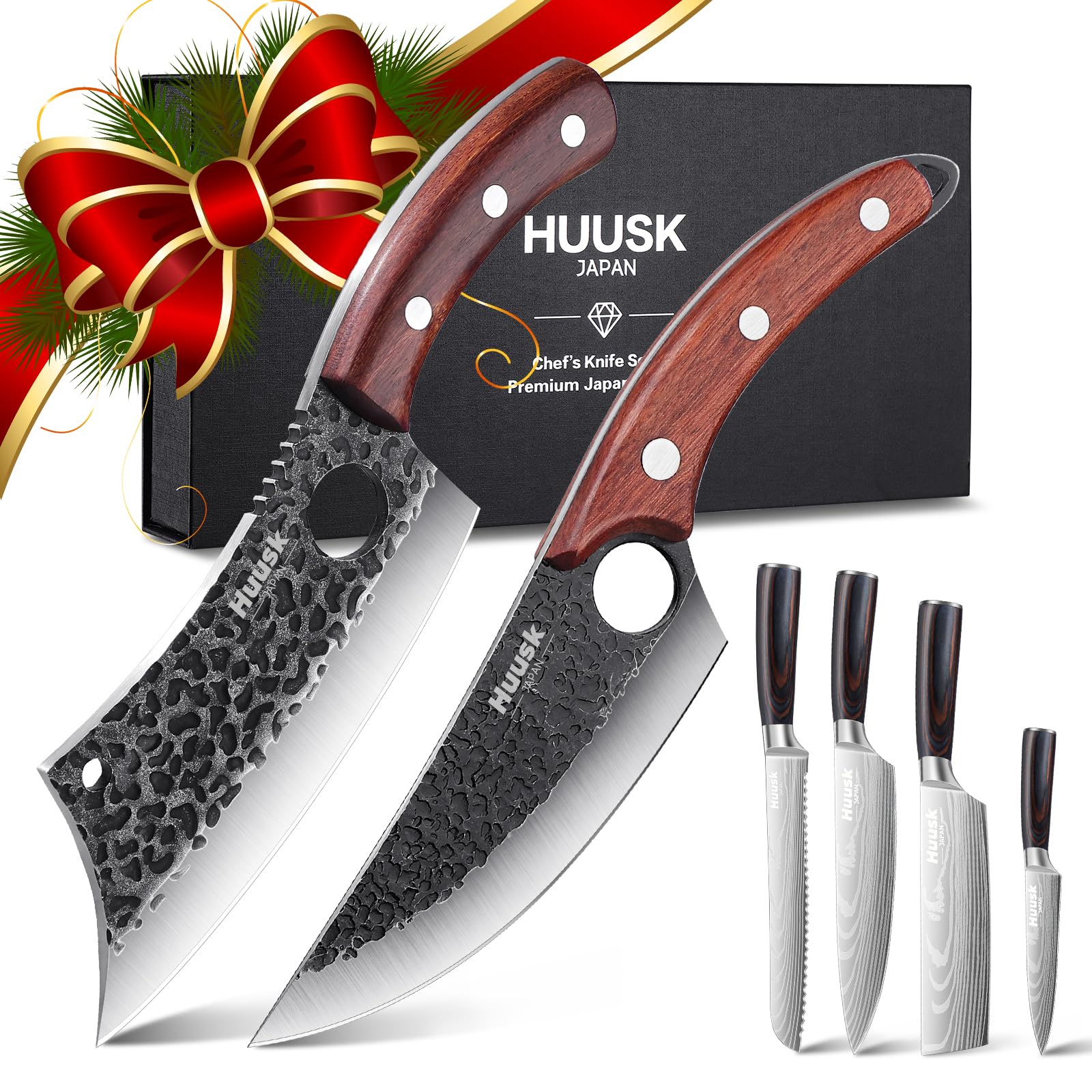 Huusk Japanese Kitchen Knife Set 6pcs with Gift Box, Butcher Knife Set for Meat Cutting, Cooking Knives with Meat Cleaver, Chef Knives Professional, Cool Mens Christmas Gift Image