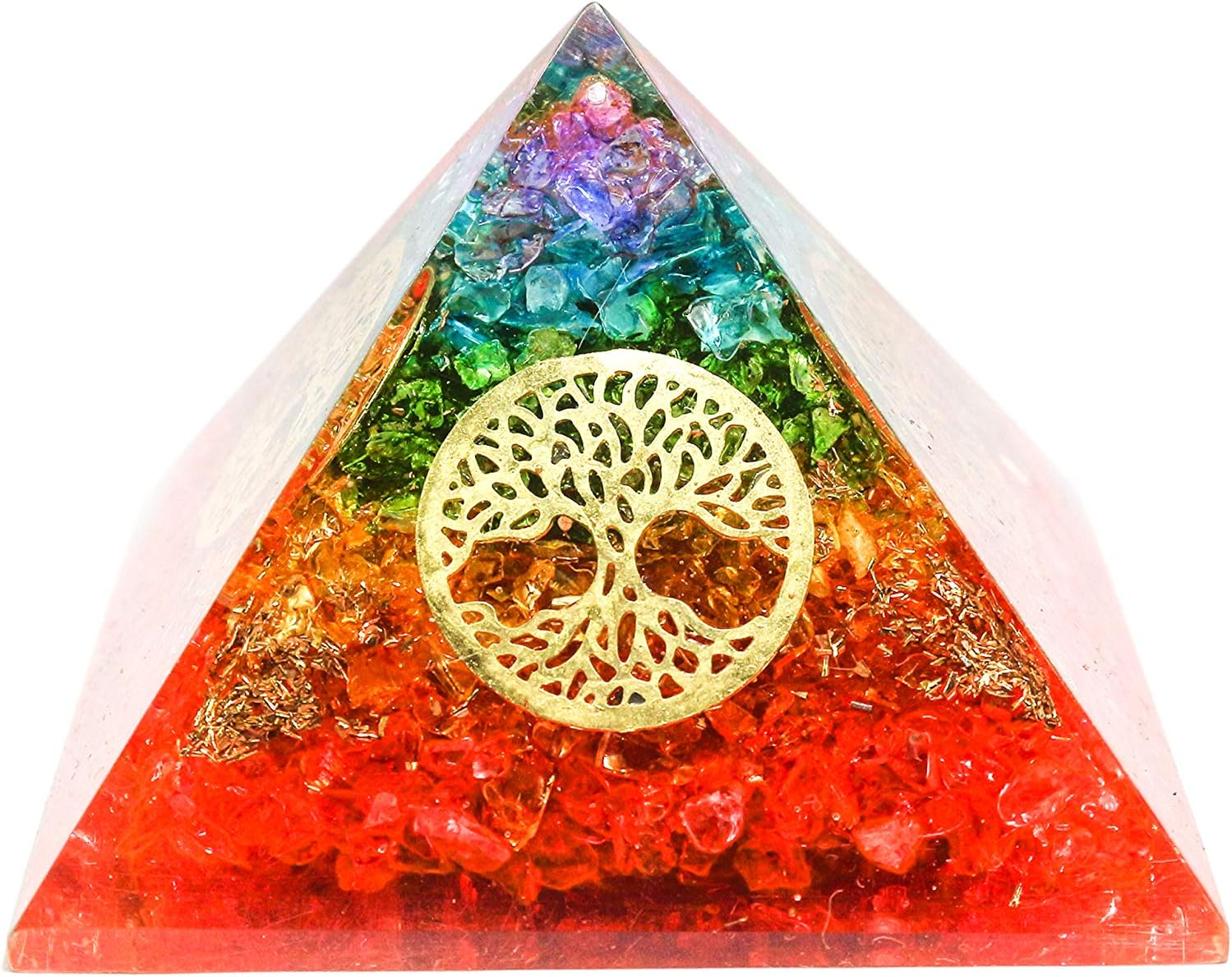 THREE EYE STORE Tree of Life 7 Chakra Crystal Orgone Pyramid Kit/Includes 4 Crystal Quartz Energy Points/EMF Protection Meditation Yoga Energy Generator Meditation orgonite Pyramid
