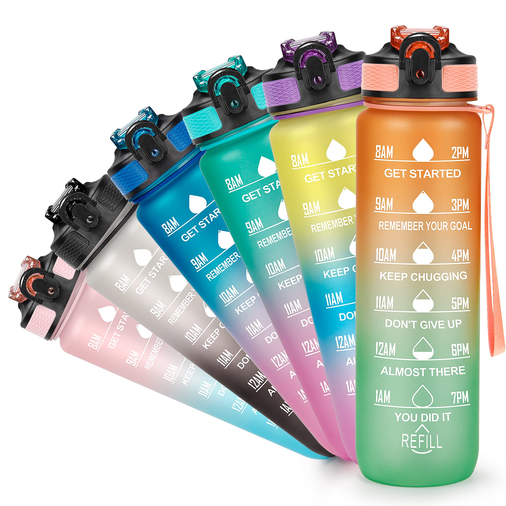 YC Kitchen 1 Litre Motivational Water Bottle with Time Marker, Leak-proof BPA Free Sports Water Bottles with Straw & Carrying Strap