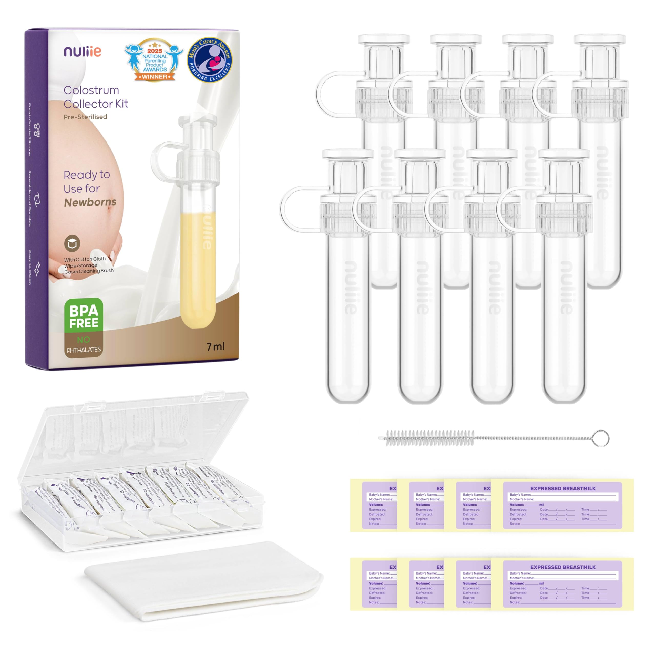 Nuliie Colostrum Collector Kit 7ml/8pcs, Leakproof, Reusable Breast Milk Collector, Heat & Freezer Resistant, BPA-Free, With Cotton Cloth Wipe, Storage Case, Cleaning Brush - Ready-to-Use for Newborns