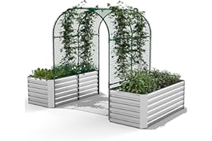 FOOWIN Raised Garden Bed with Arch Trellis for Climbing Plants,Galvanized Raised Garden Bed, Planter Boxes Outdoor for Vegetables Flowers Herb,269 Gallon Capacity Silver