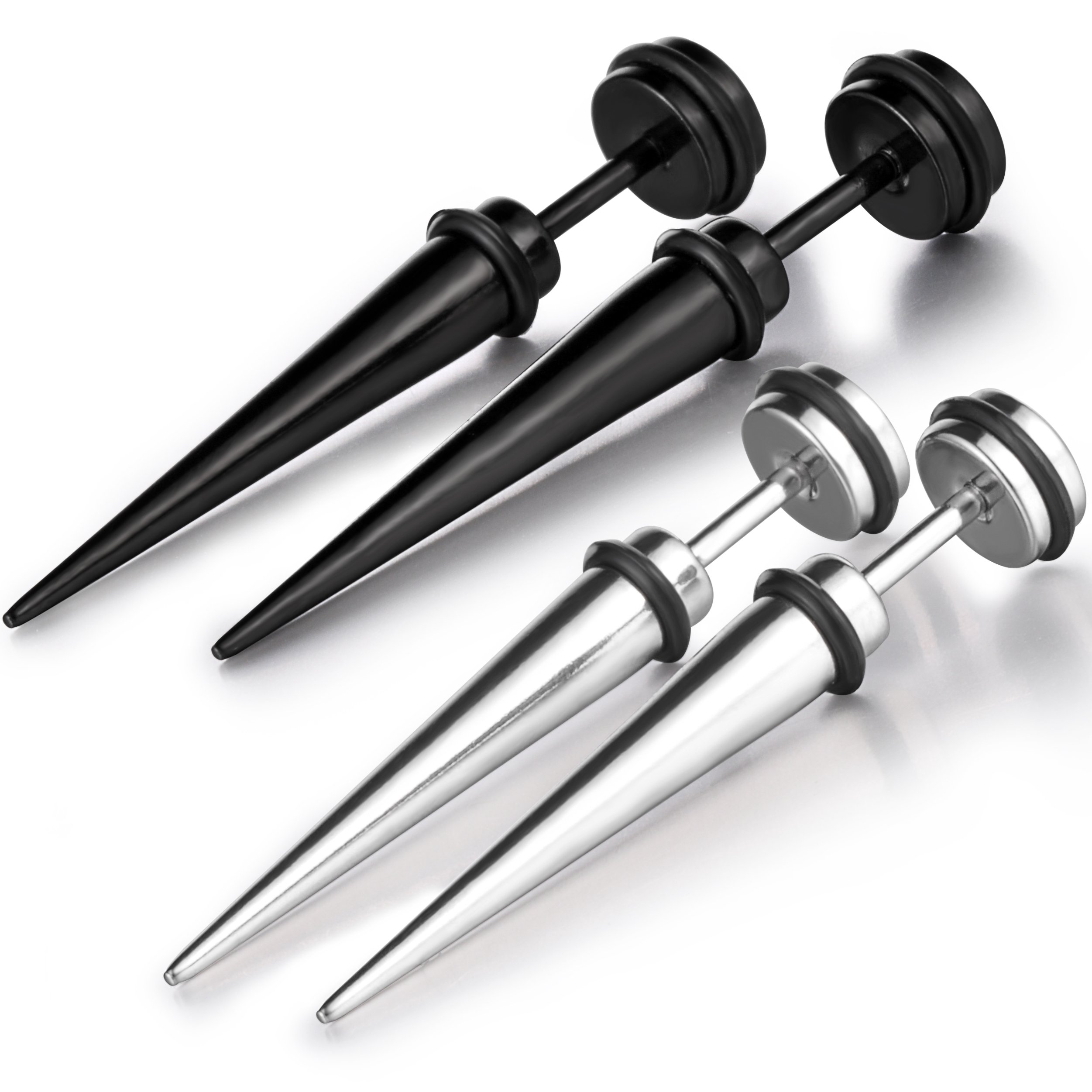 Feilok 4pcs Ear Stretchers Stainless Steel Taper Spike Earrings Rhinestone Studs Cheater, 2 Colors, 2Pairs