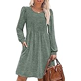 OFEEFAN Long Sleeve Dress for Women Pleated Crew Neck Casual Babydoll Sweater Dress with Pockets Fall Outfits Fashion