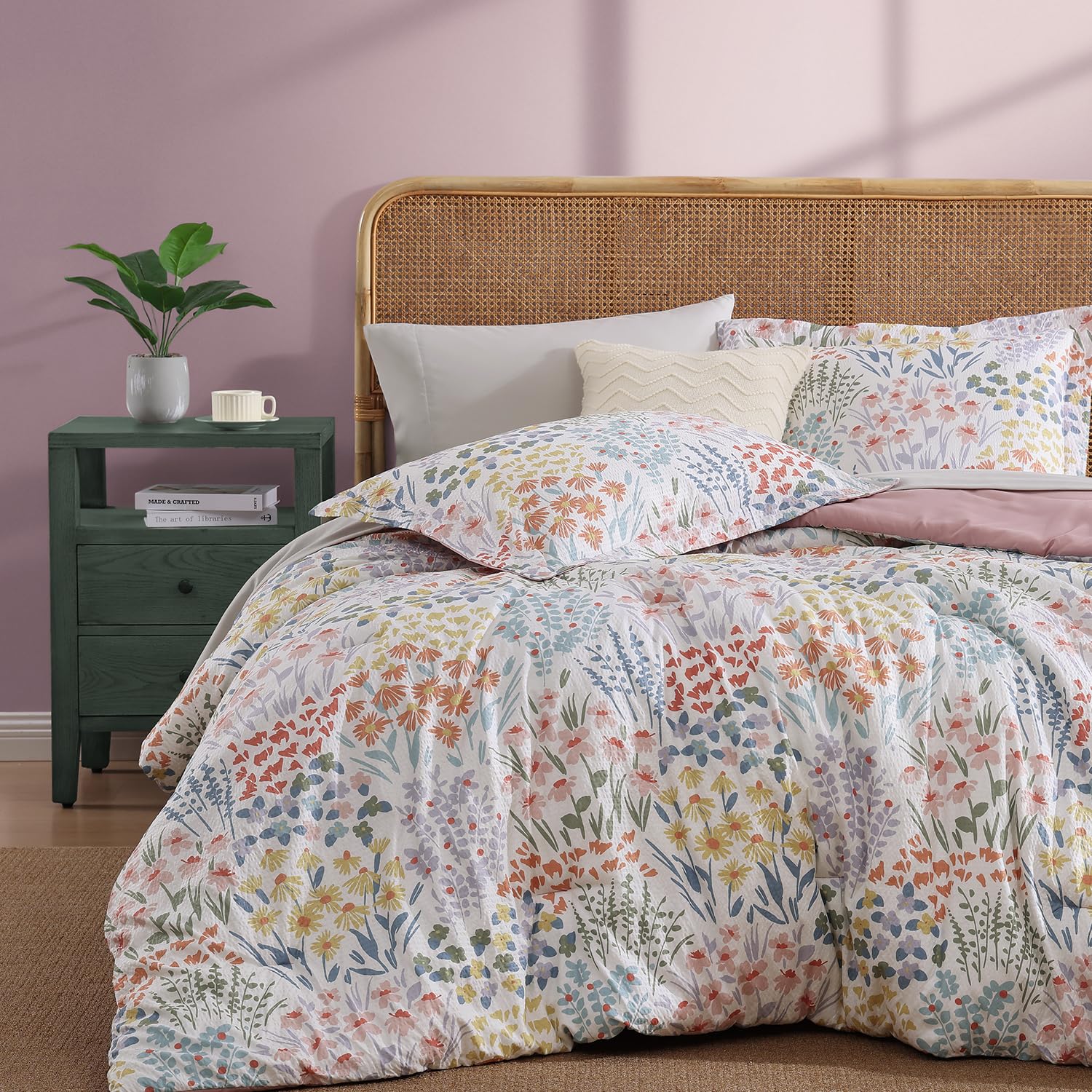 Photo 1 of CASAAGUSTO Queen Comforter Set, 7 PCS Pinkish Floral Comforter Set with Flowers Leaves Pattern, Soft Seersucker Design All Season Queen Size Bedding Set(80"X90")