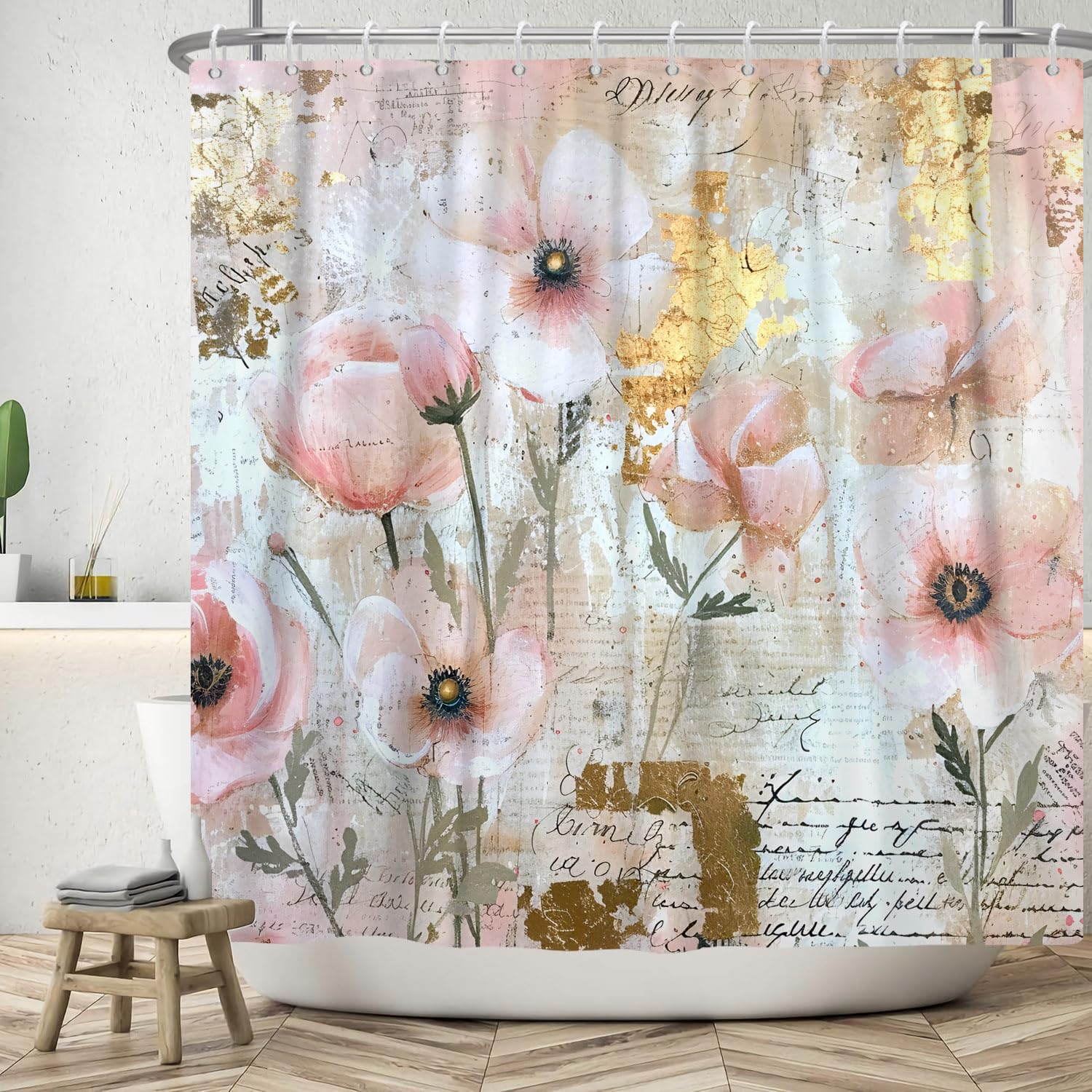 ASDCXZ Vintage Flowers Shower Curtain 180 x 200 cm, Retro Pink Gold Oil Painting White Rose Flowers Green Leaves Bathroom Washable Shower Curtains Polyester Textile Waterproof Shower Curtain for Bath — image 1
