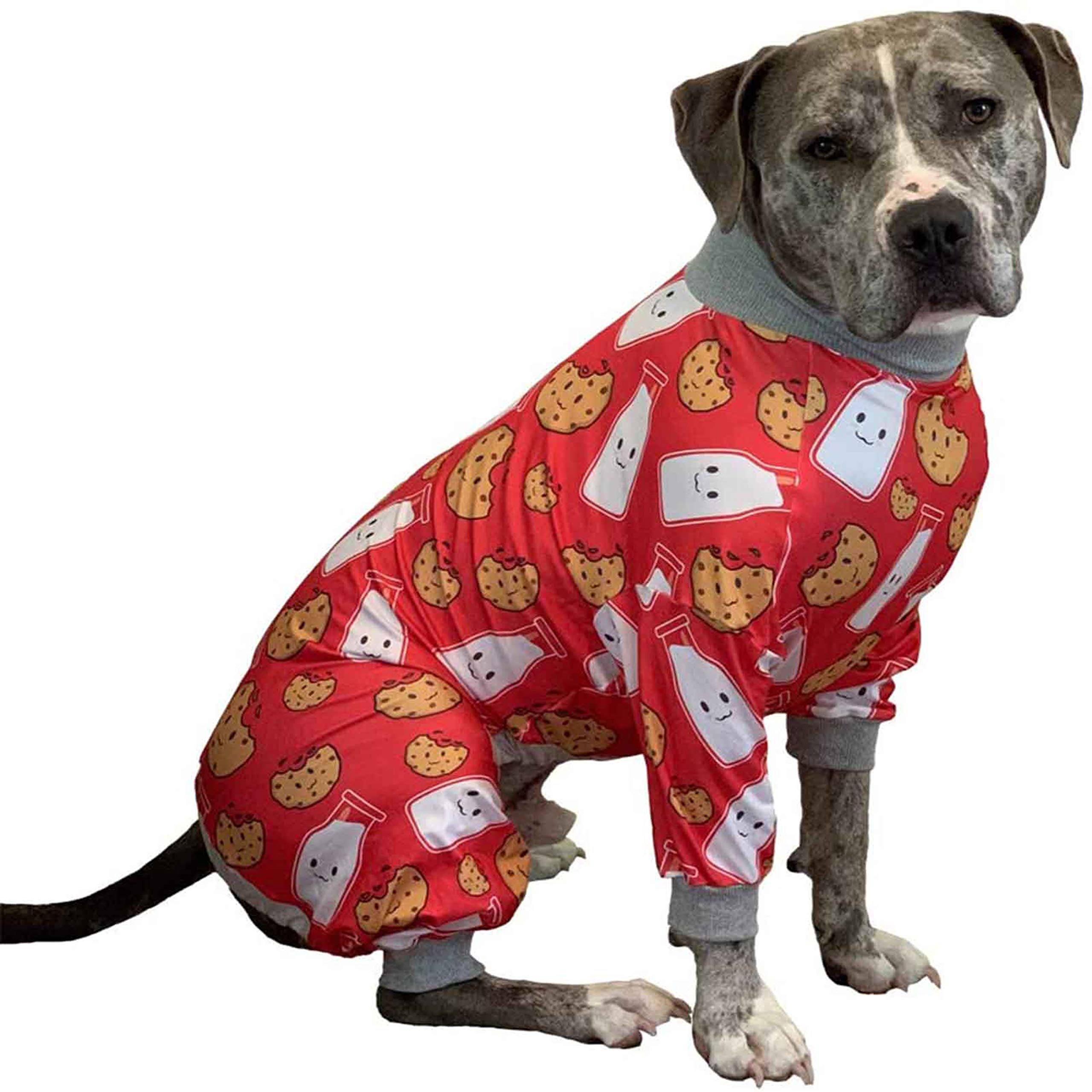 Tooth & Honey Pitbull Dog Pajamas Red Milk & Cookie Print Onesie for Large Dogs Lightweight Full Coverage Dog Clothes for Shedding, Recovery & Warmth Pullover Pajamas (Large)