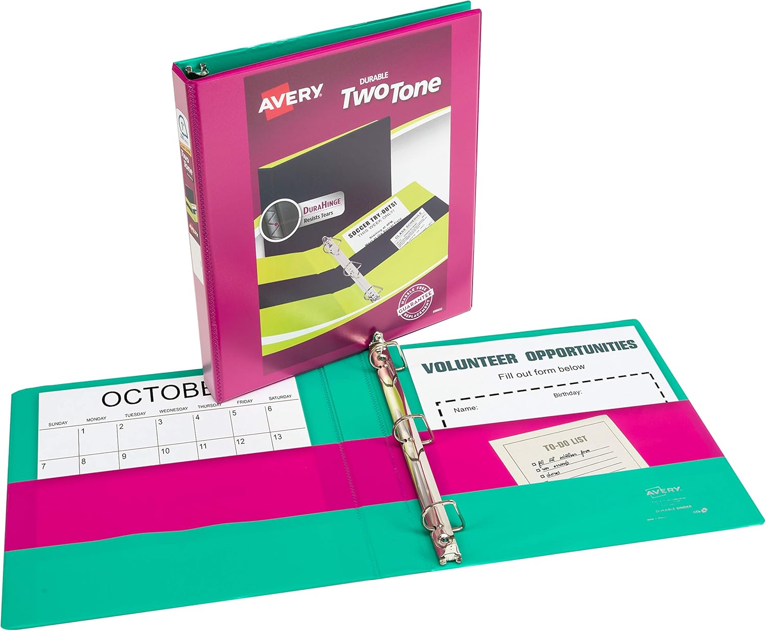 Avery Two-Tone Durable View Binder, 1" Slant Rings, 220-Sheet Capacity, Fuchsia/Green (17196) : Office Products