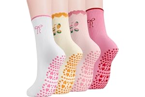 4 Pairs Pilates Socks for Women, Ruffle Frilly Grippy Socks Women Cute Pilates Socks for Workout Hospital Barre
