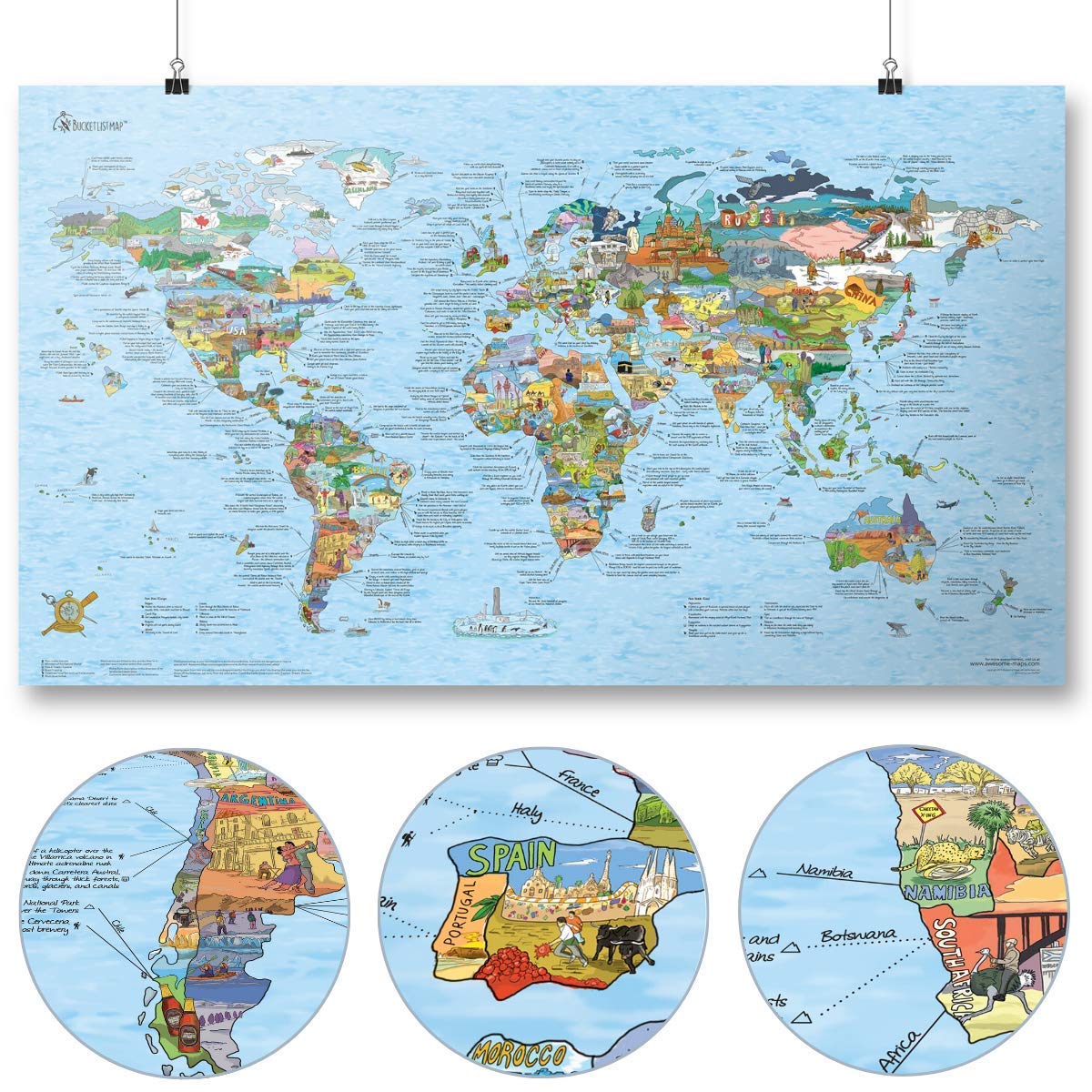 Travel Map by Awesome Maps - Illustrated World Map for Adventurers and Explorers - rewritable - 97.5 x 56 cm