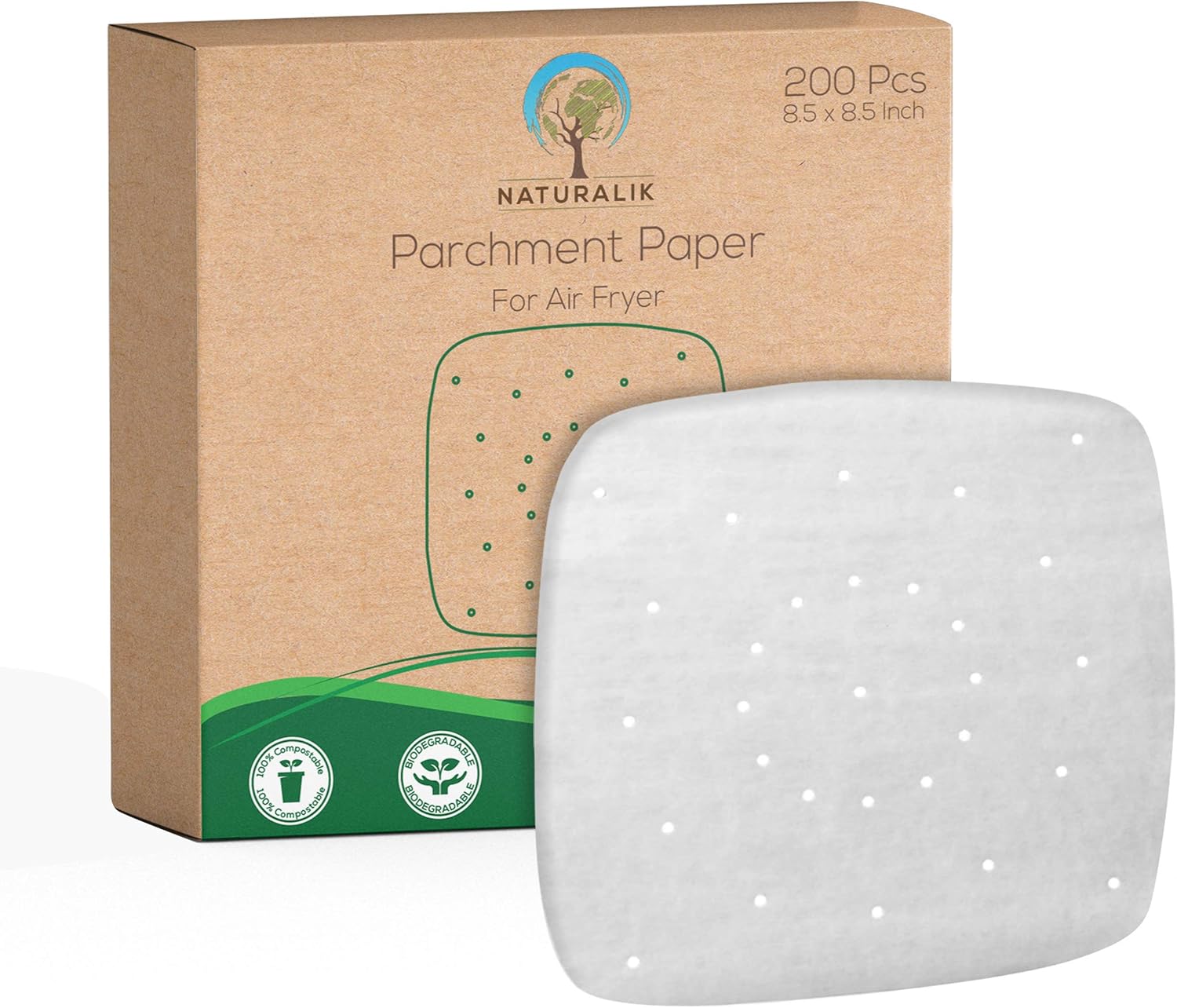 200pcs 8.5 inch Naturalik Air fryer Parchment Paper / Air fryer liners, perforated parchment paper, Compatible Philips, Cozyna, NuWave Brio, Secura, Chefman, GoWISE USA and More Air fryer