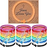 Landical 30 Set Cross Bracelets Bulk Jesus Christian Bracelets with Blessing Card Handmade Elastic Colorful Polymer Clay Beaded Religious Christian Wristbands for Women Kids Easter Hunt Gift