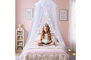 Hommi Lovvi White Bed Canopy for Girls with Stars Lights, Princess Canopy Bed Curtains for Twin, Full, Queen Size Bed Hanging Canopy for Girls Room Decor, Kids Sheer Canopy Curtain