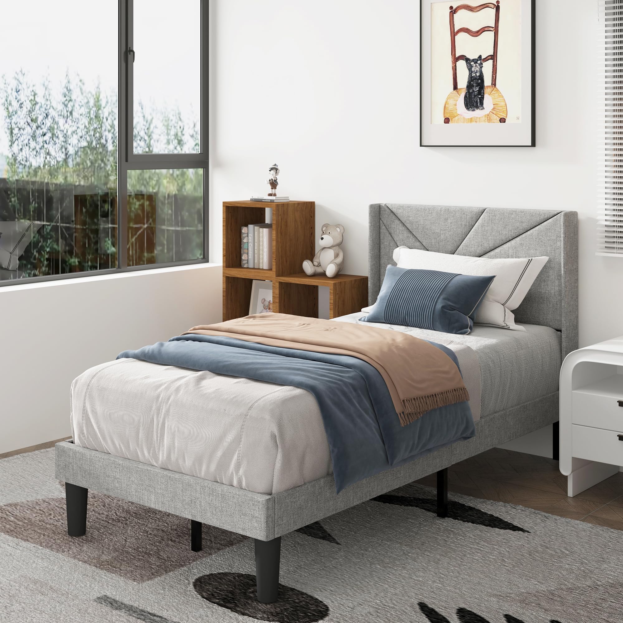 Photo 1 of Pricolotus Twin Size Bed Frames with Upholstered Wingback Headboard, Easy Assemnly Platform Bed and Heavy Duty Wooden Slats Support, Noise-Free, No Box Spring Needed (Light Gray, Twin)