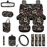 Drydeepin Cottagecore Mushroom Snail Moth Fern 15Pcs Car Seat Cover Full Set Car Steering Wheel Cover Seat Belt Cover Trash Bin Air Vent Storage Box Front Rear View Mirror Car Cup Holder Keychain