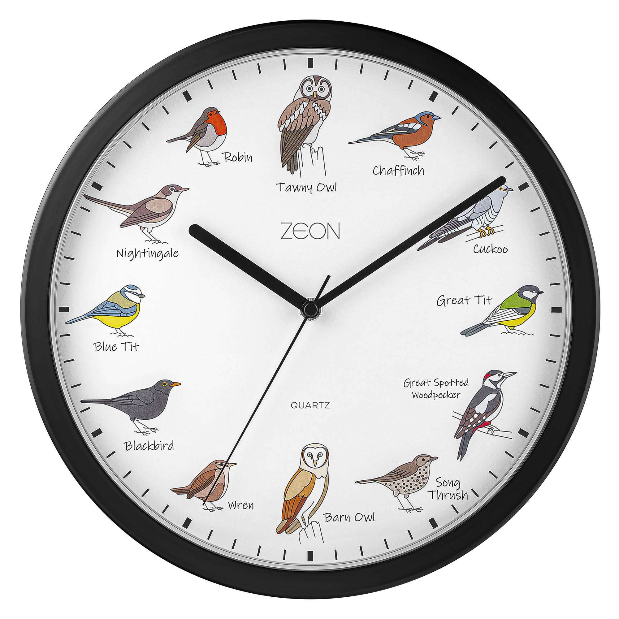 ZEON Birdsong Analogue Wall Clock, with Hourly Birdsong Announcements, Black, 29.5 cm, CE4558B