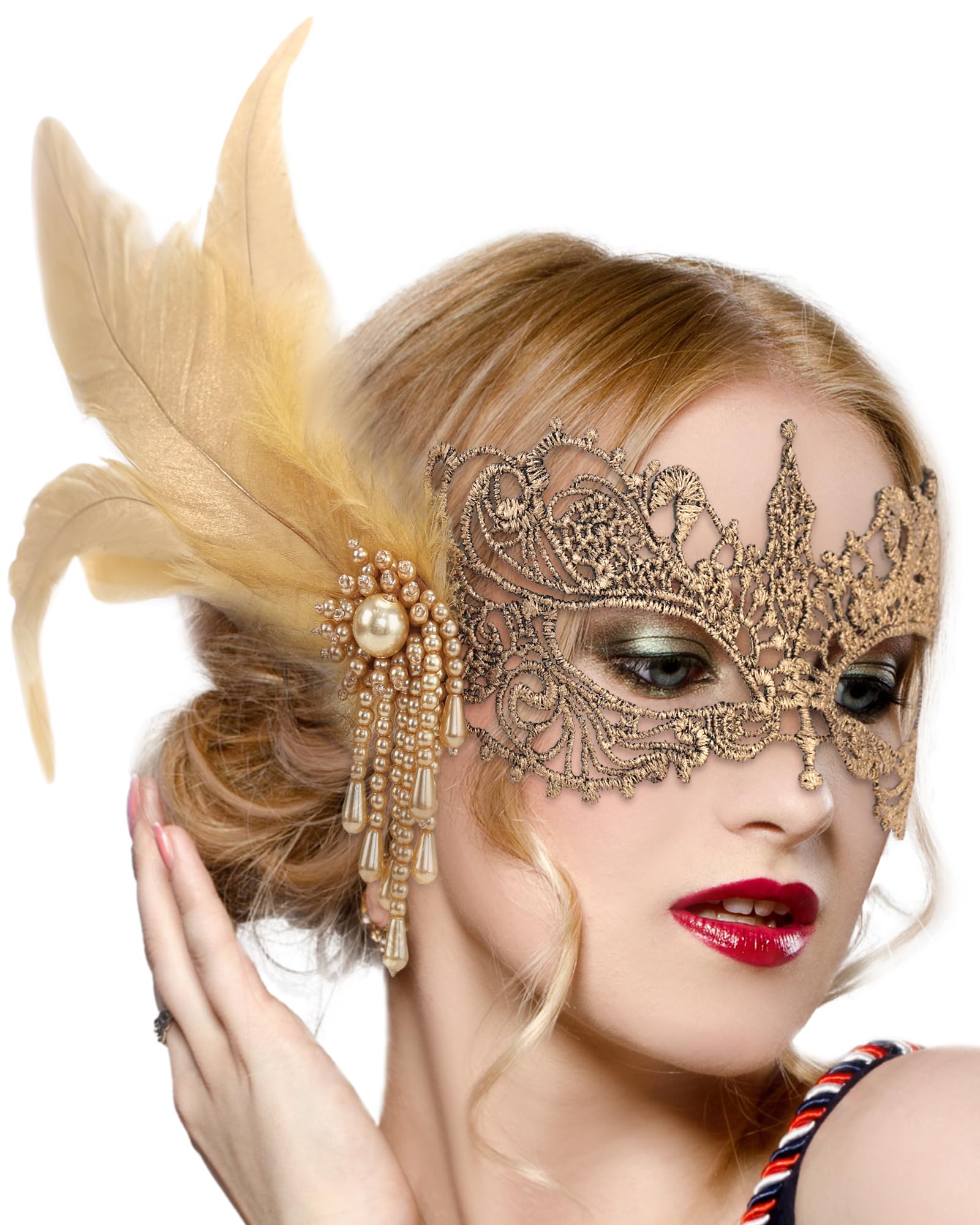 Photo 1 of ***PARTIAL SET/ MISSING SIDE FEATHER PIECE*** Zinniday Lace Masquerade Masks for Women - Gold Venetian Antique Mask 1920s 50s Elegant Party Eyemask Feather Halloween Face Mask for Woman Lady Men Cosplay Carnival Renaissance Accessory