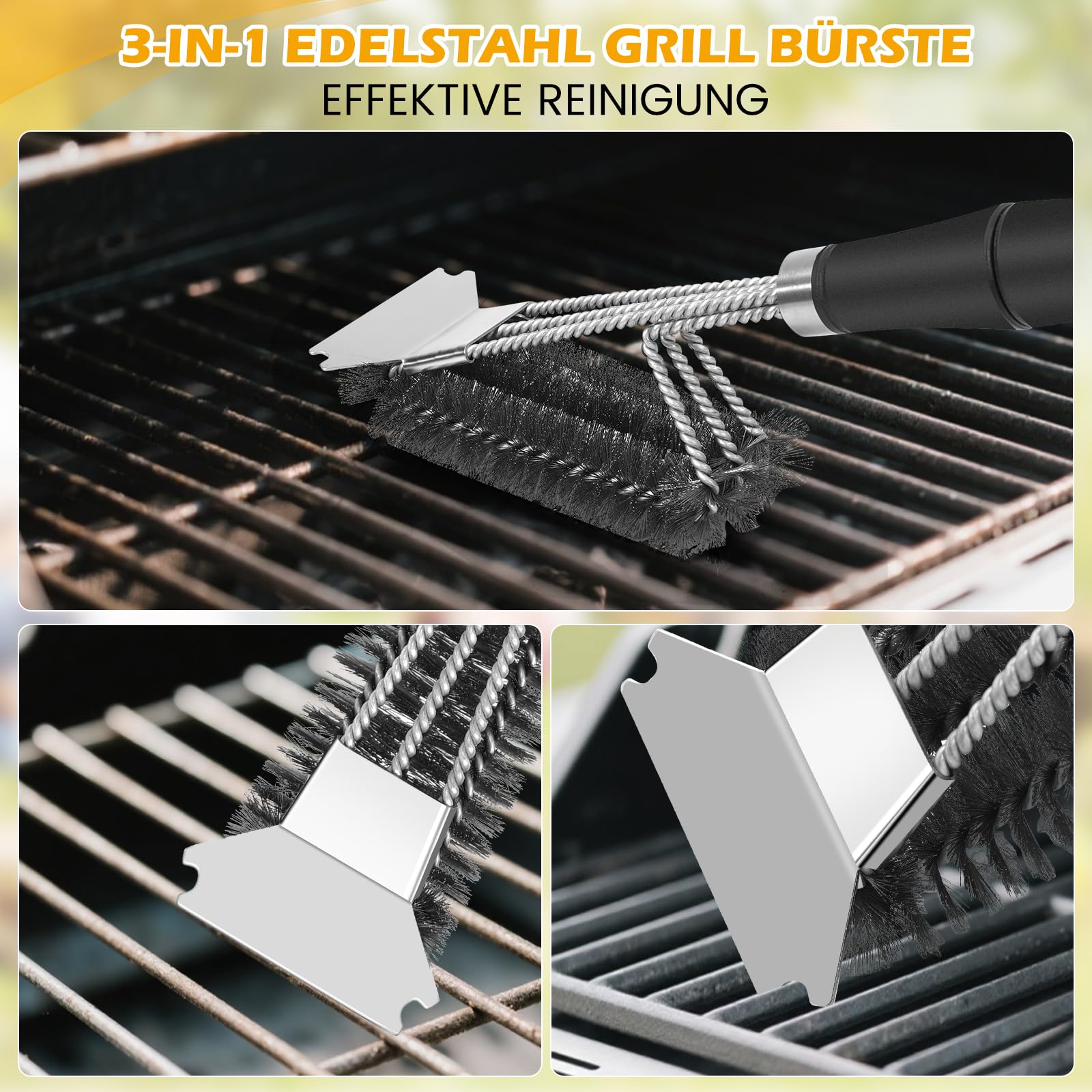 Grillbürste mit Schaber (2 Stück), Grillbürste für Grill im Freien Extra Starke Grillreiniger Zubehör für Grill/Raucher/Gas/Kohle 4