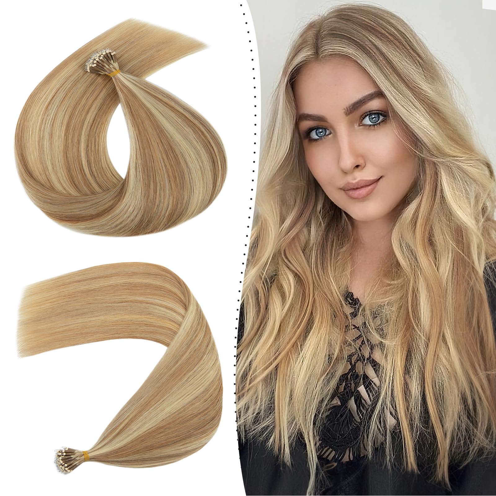 Silk-co Hair Extension with Nano Ring 1g/s Pre Bonded Nano Tip Hair Extensions Cold Fushio 20"; #12P613 Golden Brown&Bleach Blonde With Nano Beads Cold Fusion 50 Strands