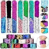 POKONBOY 24 Pack Mermaid Slap Bracelets Mermaid Party Favors, Two-Color Decorative Reversible Sequin Bracelets,Birthday Party