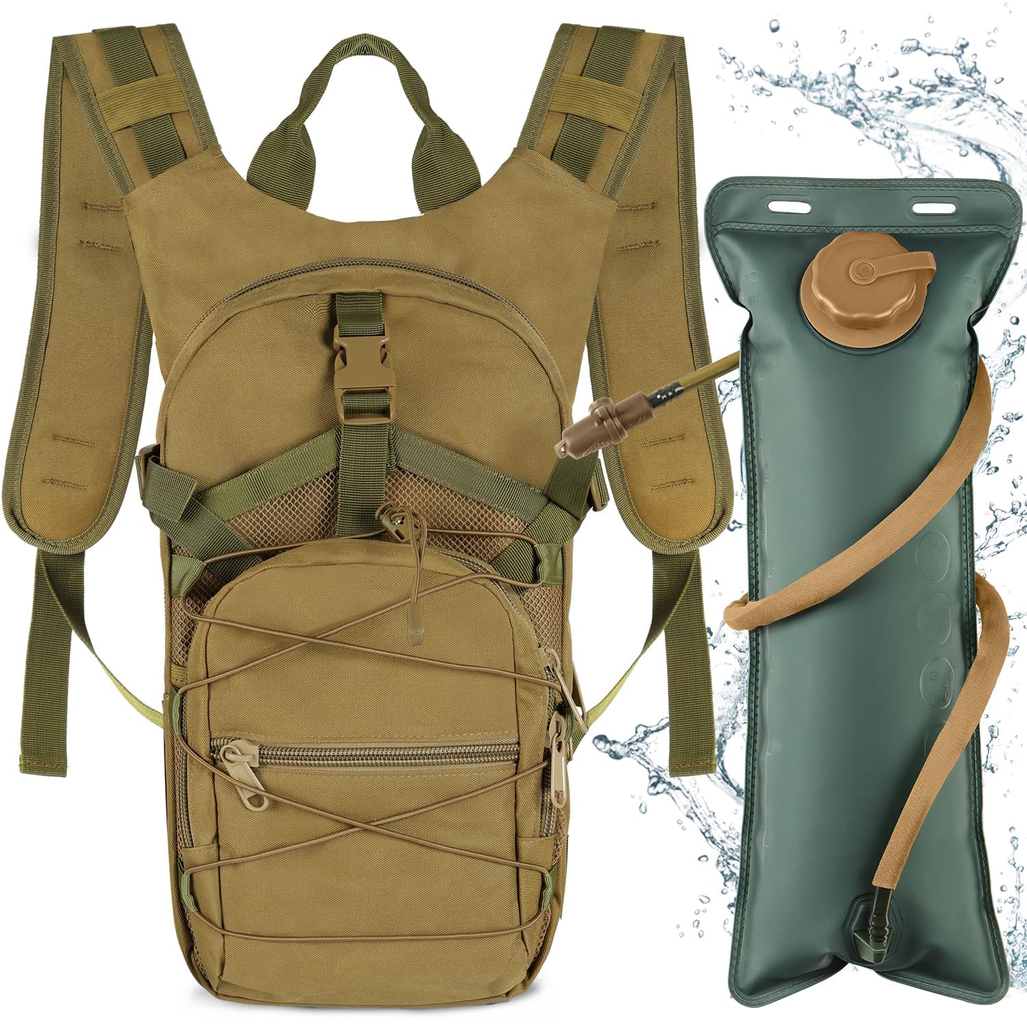 Neloheac Hydration Backpack with 3L Water Bladder, 15L Multi-Pocket Military Tactical Hydration Packs, Lightweight Hiking Daypack for Cycling Running Camping Trail Running, Khaki